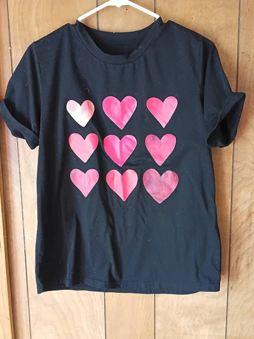 Women’s Black Heart Print T-Shirt Size Small Pink Graphic Tee Polyester Elastane
